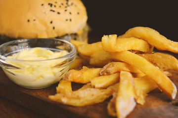 Fresh tasty burger and french fries