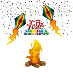 festa junina hot balloons flying confetti and bonfire celebration vector illustration