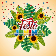 festa junina brazil party traditional tropical leaves palm flowers vector illustration
