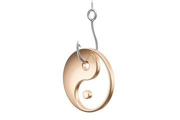 Hook with Yin and Yang, Taoism Religion Trap concept. 3D rendering