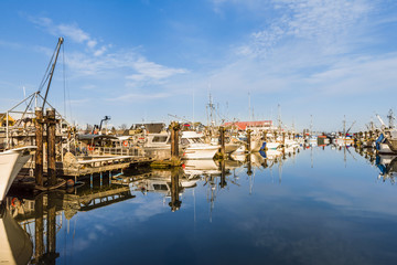 fishing boats and boats on the pier in the summer noon