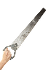 Vintage hacksaw in a female hand isolated on a white background