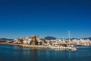 Fototapeta na wymiar Puerto Banus. View of Puerto Banus, Marbella, Malaga, Costa del Sol, Spain. Picture taken – 27 march 2018.