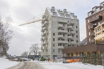 Nyproduktion av bostäder i Alby fotat på vintern 2018