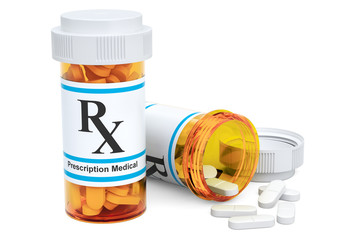 Medical bottles with drugs, 3D rendering