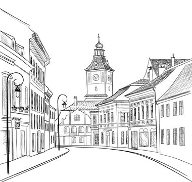 City street view with tower. Cityscape skyline. Buildings, houses, streetlights. Europe