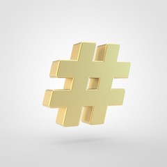 Obraz premium Golden hashtag icon isolated on white background.