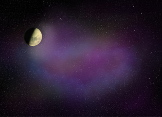 Fototapeta na wymiar Moon shining in space full of stars and ultra-violet nebula
