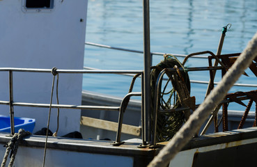 close-up on an item from a fishing boat, a cutter anchored in a port