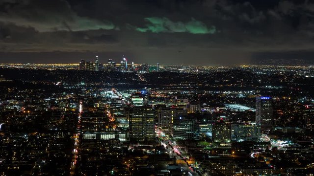 Downtown Los Angeles and Glendale With Colorful Clouds Night Timelapse