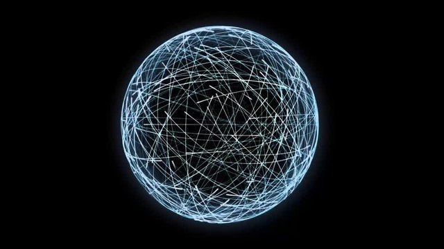 4K spherical formation of randomly rotating traces of light, mimicking subatomic particles, for science fiction backgrounds.