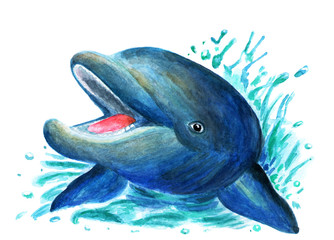 Illustration of a dolphin painted in watercolor. Design of clothes, books. Cheerful dolphin, bright illustration. Drawing for printing, clothing, fabrics. Illustration for a book.