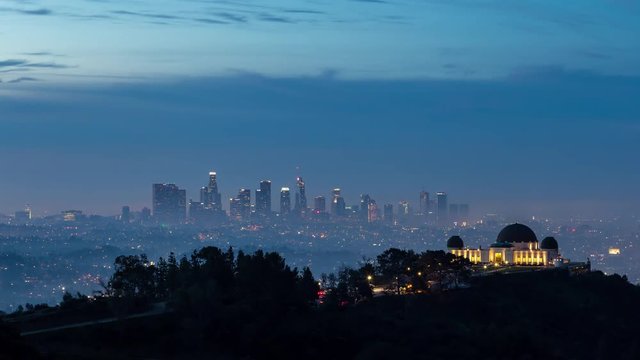 Downtown Los Angeles and Griffith Observatory Fog Sunrise Timelapse