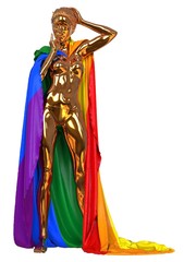 Golden sculpture with LGBT flag 3d illustration isolated on white