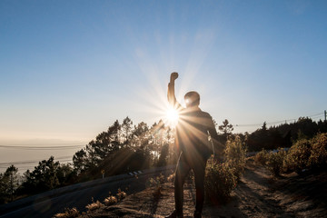 Silhouette human The boy Concept Show of hands up. Demonstrate success and victory