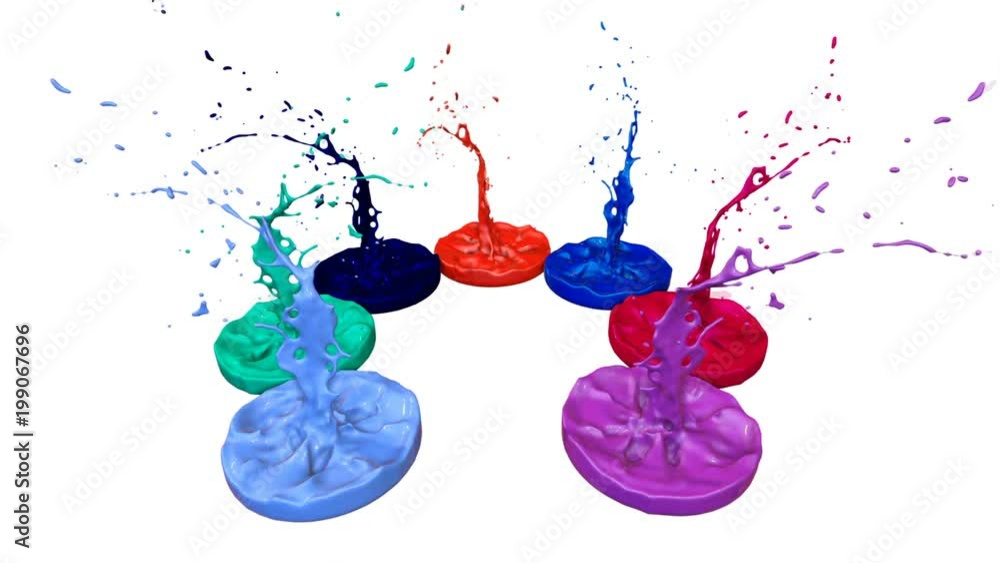 Poster paints dance with time slowdown on white background. simulation of 3d splashes of ink on a musical s