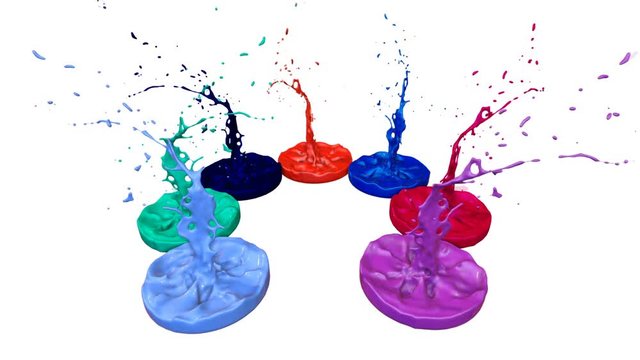 Paints dance with time slowdown on white background. Simulation of 3d splashes of ink on a musical speaker that play music. Splashes as a bright background in ultra high quality 4k. Multi colored v 3