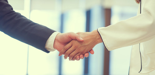 close up businesswoman handshake with businessman partner,ceo leader hand shake for agreement or...
