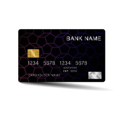 Realistic detailed credit cards. With inspiration from the abstract line purple and black color on the gray background. Glossy plastic style. Vector illustration design EPS10