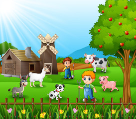 The farmers working in farm with the animals