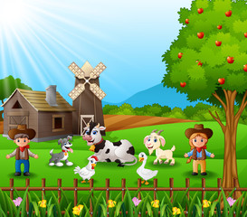 Naklejka premium The cowboy and cowgirl at the farm with animals 