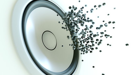 white color speaker system with bouncing spheres at front of it 3d render