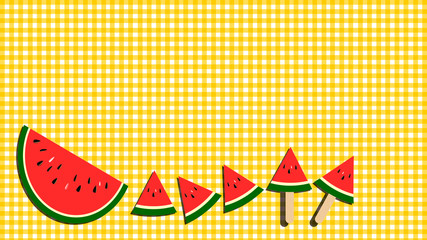Vector in flat style design. Watermelon, cut half and sliced pieces on background of table cloth. Top view and copy space for text.