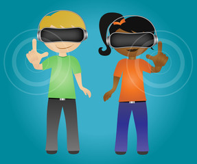 Students wearing virtual reality glasses and touching hologram vector