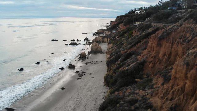 Scenic top view to El Matador state beach with sand and rocks in Malibu, California