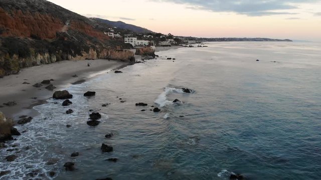Scenic top view to El Matador state beach with sand and rocks in Malibu, California