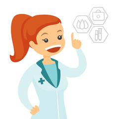 Young caucasian white doctor pointing finger at medical icons. Female cheerful doctor in a medical gown showing finger up. Vector cartoon illustration isolated on white background. Square layout.