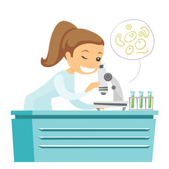 Caucasian white laboratory assistant examining liquid under a microscope. Young laboratory assistant working in the lab with a microscope. Vector cartoon illustration isolated on white background.
