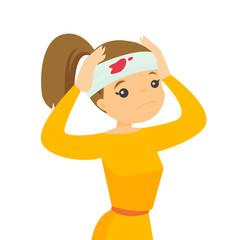 Upset caucasian white woman with bandage around her head. Young sad woman with injured head. Vector cartoon illustration isolated on white background. Square layout.