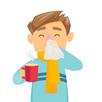 Sick caucasian white man blowing his nose to handkerchief. Young sick man having an allergy and blowing his nose to a tissue. Vector cartoon illustration isolated on white background. Square layout.
