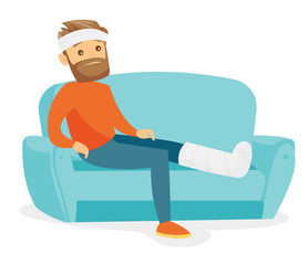 Sad caucasian white man sitting on the couch with broken leg in gypsum. Injured upset patient with fractured leg in gypsum suffering from pain. Vector cartoon illustration isolated on white background