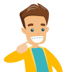 Young happy caucasian white man smiling with braces on teeth. Cheerful man showing his smile with dental braces. Vector cartoon illustration isolated on white background. Square layout.
