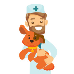 Young caucasian white veterinarian doctor holding a dog. Veterinarian doctor in medical gown carrying a dog. Medicine and pet care concept. Vector cartoon illustration isolated on white background.