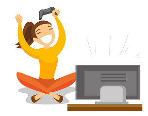 Excited caucasian white gamer playing video game on the television at home. Young woman with console in hands celebrating her victory in video game. Vector cartoon illustration. Horizontal layout. © Visual Generation