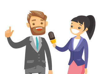 Young caucasian white female reporter with a microphone interviewing a man. Journalist making an interview with businessman. Vector cartoon illustration isolated on white background. Horizontal layout