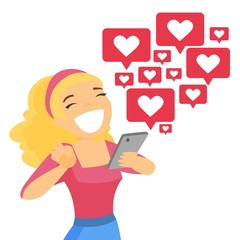 Young caucasian white woman using a smartphone with many social media heart like icons. Woman getting likes in social network. Vector cartoon illustration isolated on white background. Square layout.