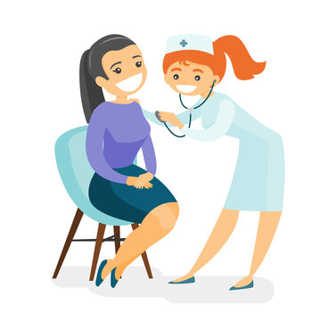 Young caucasian white doctor listening to the heart of a patient with a stethoscope. Patient visiting a doctor in the hospital to check her heartbeat. Vector cartoon illustration. Square layout.