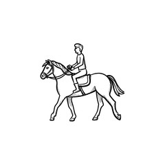 Fototapeta na wymiar Man riding horse with saddle hand drawn outline doodle icon