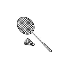 Badminton racquet and shuttlecock hand drawn outline doodle icon. Racquet and shuttlecock for badminton vector sketch illustration for print, web, mobile and infographics isolated on white background.