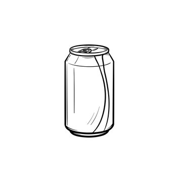 Soda pop can hand drawn outline doodle icon. Metal can of soda pop with drinking straw vector sketch illustration for print, web, mobile and infographics isolated on white background.
