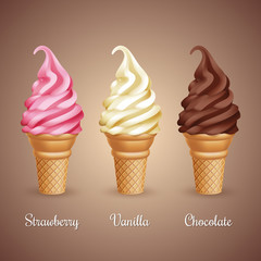 Set of realistic ice cream cones on beige background. Vector Illustration