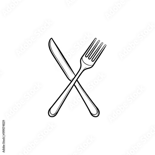 "Fork and knife hand drawn outline doodle icon. Cutlery crossed fork