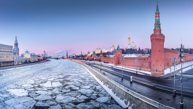 MOSCOW, RUSSIA: Panoramic view of the city from Moscova river in winter.