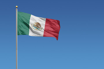 Flag of Mexico in front of a clear blue sky