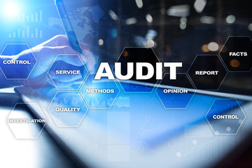 Audit business concept. Auditor. Compliance. Virtual screen technology.