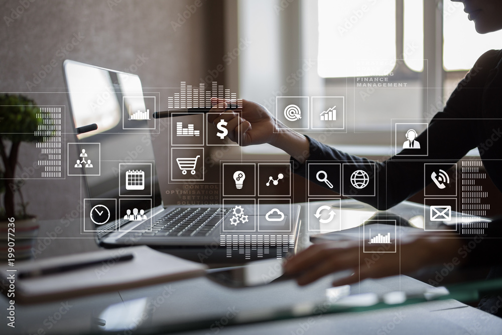 Poster virtual screen interface with applications icons. apps. strategy planning internet technology concep
